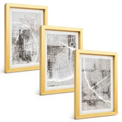 BILDER SET 3er Set - 20x30 cm Goldrahmen - Graue Holzmaserungsmuster