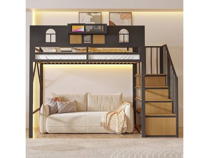 Lit mezzanine en métal 90x200 cm lit simple avec échelle de rangement et bande lumineuse barrière de sécurité noir