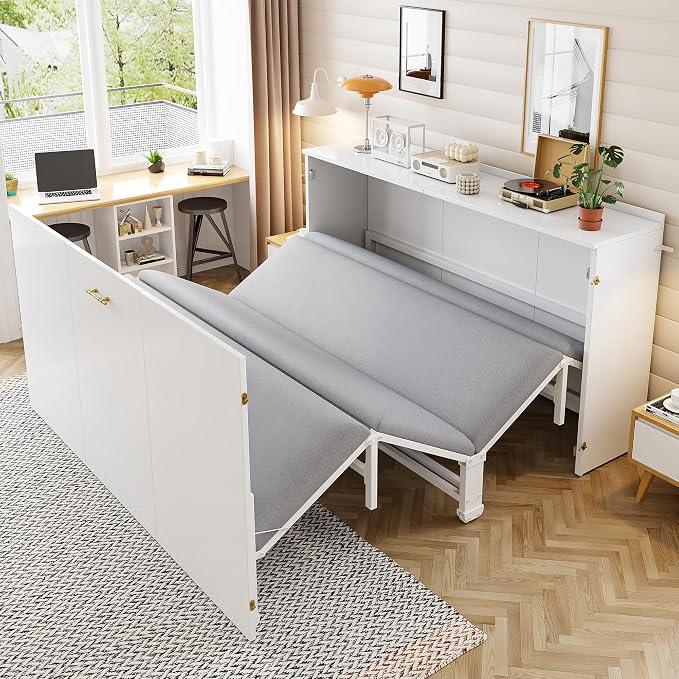 Schrankbett 140x200, Klappbares Doppelbett mit Matratze und Lattenrost, Wandbett Klappbett mit Schrank, Vertikal Schrankbett, Wandklappbett Murphy Bed Bettschrank mit Leisen Rollen (Weiß)