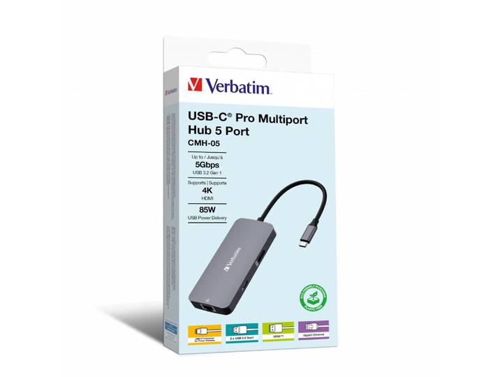Verbatim CMH-05, USB Type-C, HDMI, RJ-45, USB 3.2 Gen 1 (3.1 Gen 1) Type-C, USB Type-C, 5000 Mbit/s, 60 Hz, Argent, Acrylonitrile-Butadiène-Styrène (A