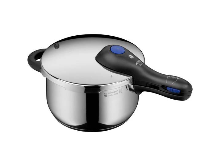 WMF Schnellkochtopf Perfect Plus, Blau, Schwarz, Edelstahlfarben, Metall, 4,5 l, abnehmbare Griffe, 2-Stufen-Garregler,mit Dampfablass, Kochgeschirr, Töpfe, Schnellkochtöpfe