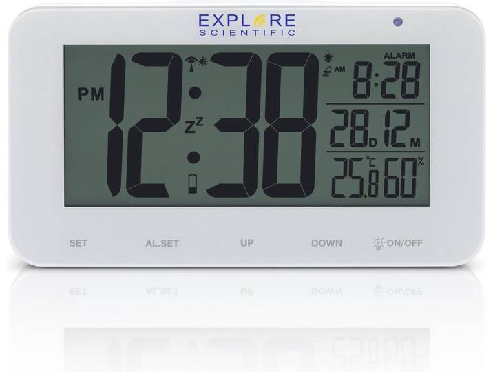 Explore Scientific RDP1004 Radio gestuurde digitale wekker met groot display en Dag - Datum aanduiding Thermometer Luchtvochtigheid Wit