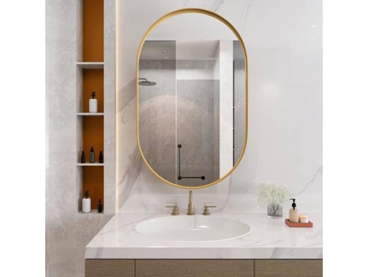 Armoire miroir ovale design rangement mural ou encastré cadre métal doré étagères réglables salle de bain/chambre