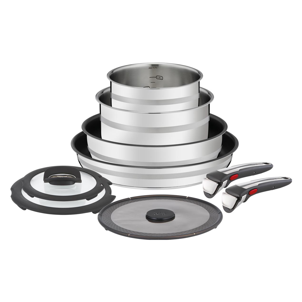 Tefal Jamie Oliver Ingenio stapelbares Kochgeschirr-Set 9-teilig, Edelstahl, Deckel, abnehmbarer Griff (L9769932)
