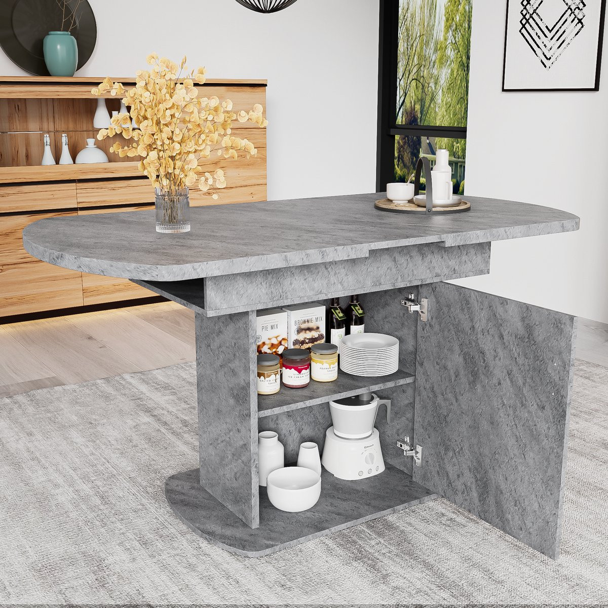 Zubaliya Uitklapbare Eettafel met Opbergruimte en Zilveren Handgreep - Betonlook Grijs