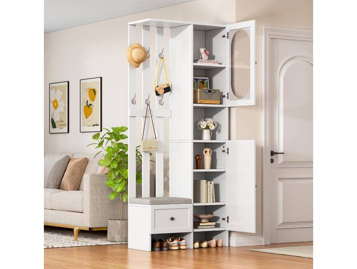 Meuble d'Entrée 200cm avec Vitrine Banc et Portemanteau Rangement Chaussures