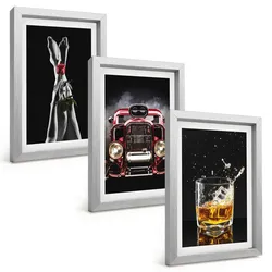 BILDER SET 3er Set - 20x30 cm Silberner Rahmen - Frauenbeine Rosenauto Whisky
