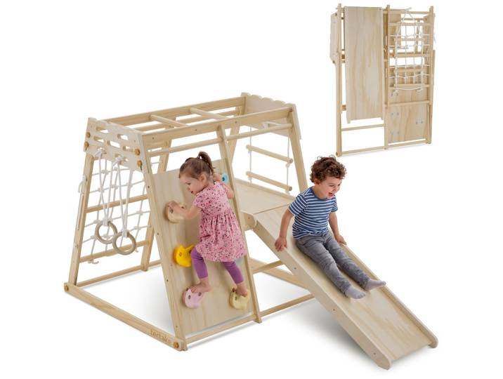 Klettergerüst Zugspitze, 7in1, indoor, aus Holz, klappbar - hellbraun