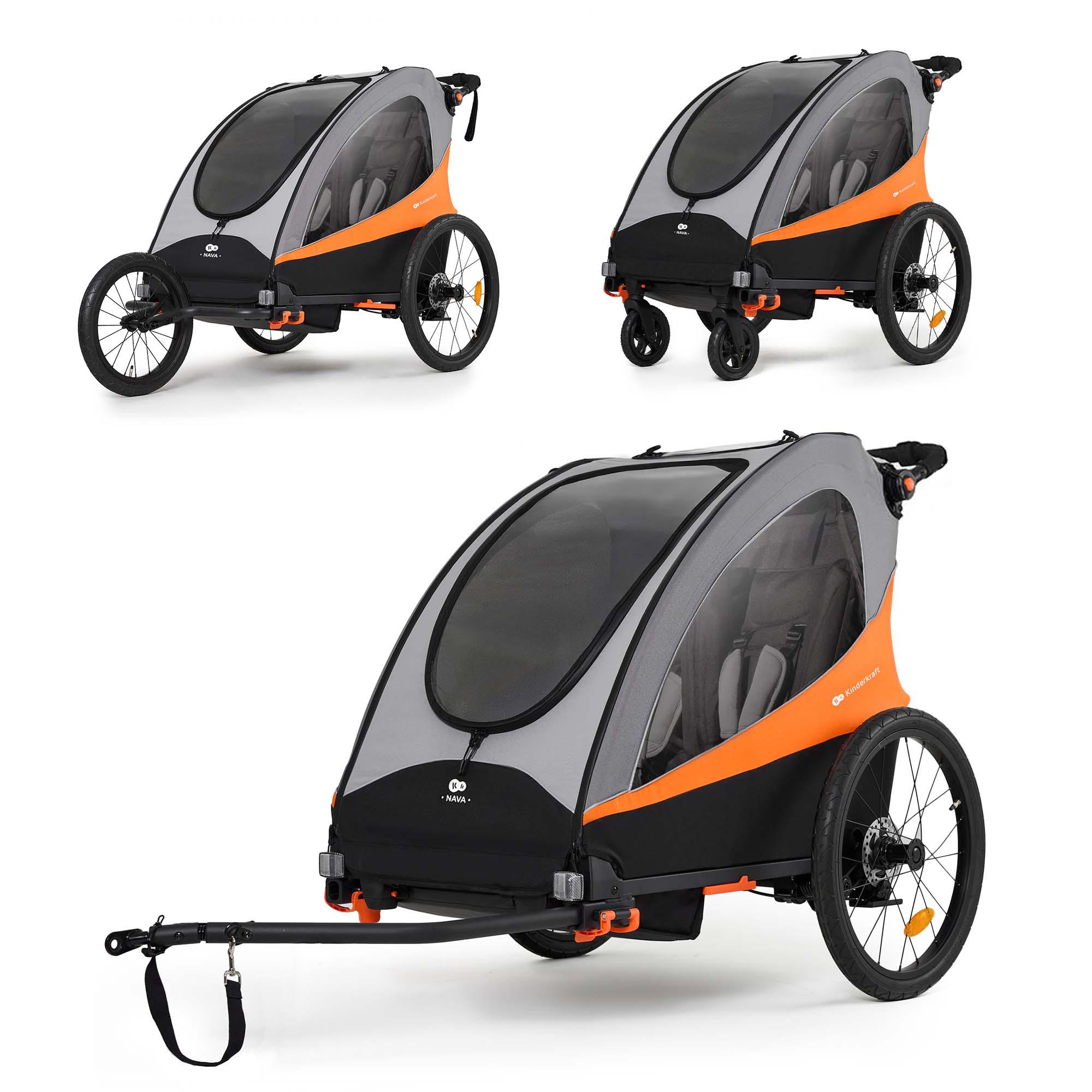 Kinderkraft NAVA 3in1 - Fahrradanhänger, Jogger & Buggy bis 60 kg, luftbereift, gefedert, faltbar, für 1-2 Kinder, Orange