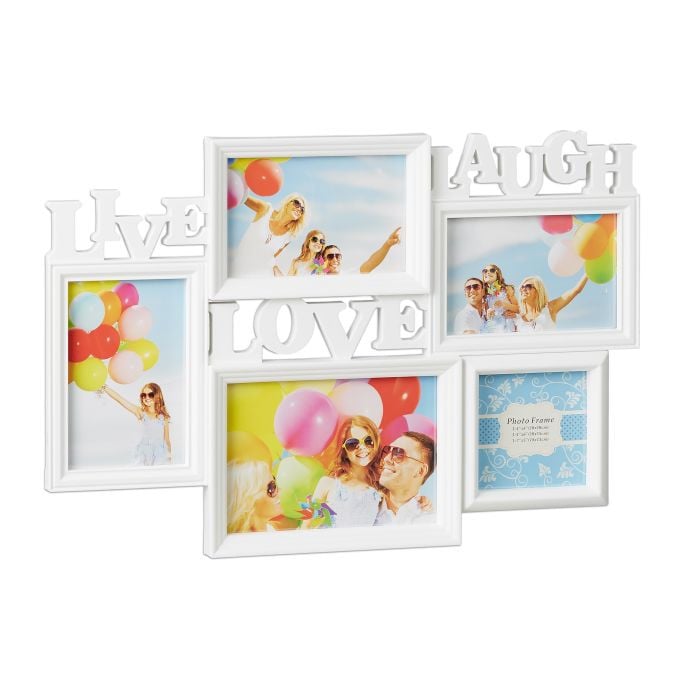 Relaxdays Collagelijst Live Love Laugh wit, 4x fotolijst voor 10x15 cm, B: 31 cm, H: 45,5 cm