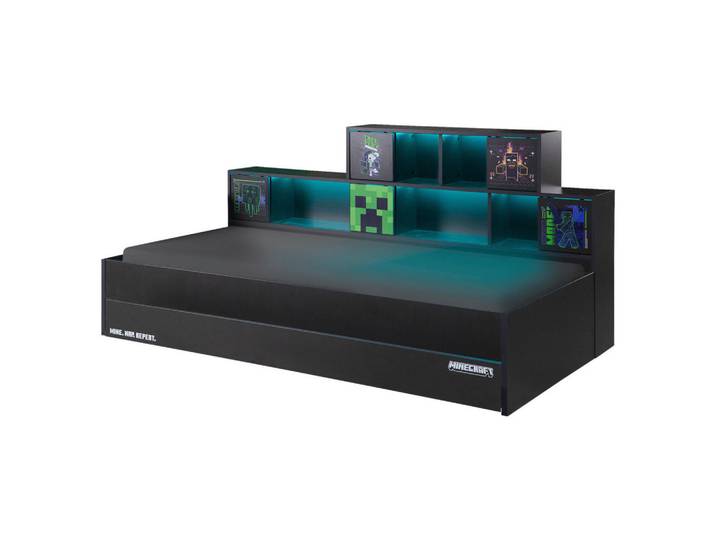 Minecraft Stauraumbett Minecraft, Anthrazit, Gaming, 7 Fächer, 1 Schublade(n) Schubladen, multicolor, 90x200 cm, Bettkasten, Beleuchtung, Schlafzimmer, Betten, Stauraumbetten