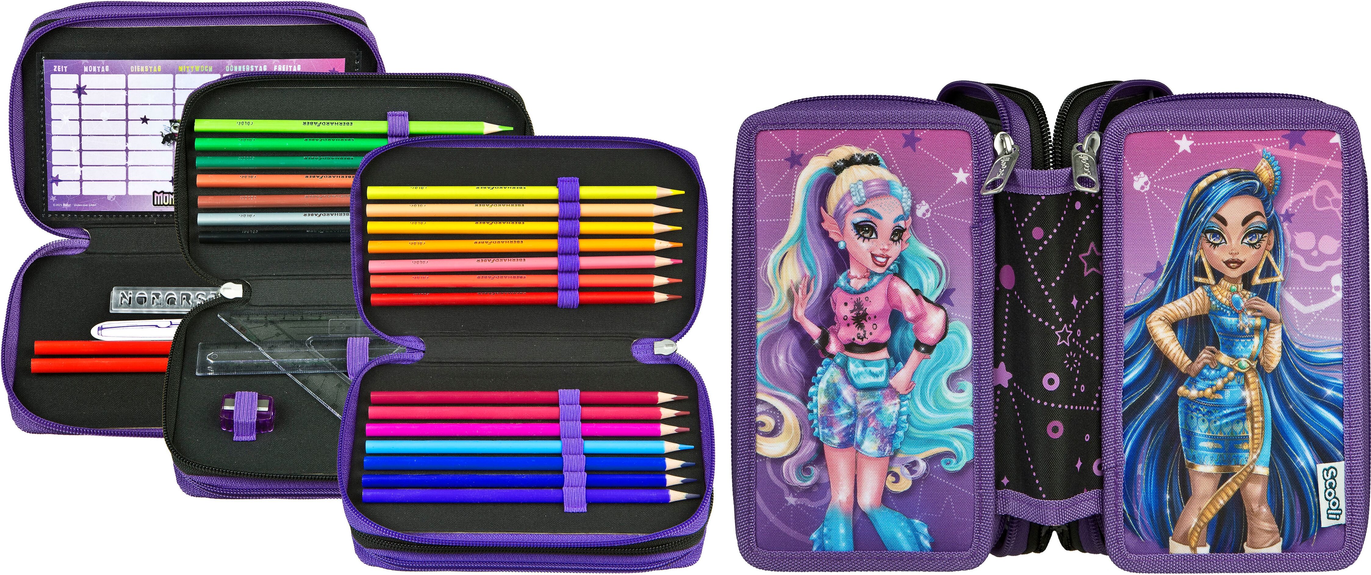 Federmäppchen SCOOLI "Tripledecker, Monster High", Kinder, lila (monster high), Polyester, Schreibgeräteetuis Federmäppchen, befüllt, inklusive Geodreieck monster high Einheitsgröße