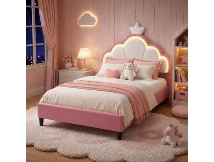 Quiaviank Kinderbett für Mädchen 140x200cm mit LED, Polsterbett mit Verstellbares Krone Kopfteil, Jugendbett Bettgestell mit Lattenrost, Ohne Matratze, Weiß und Rosa