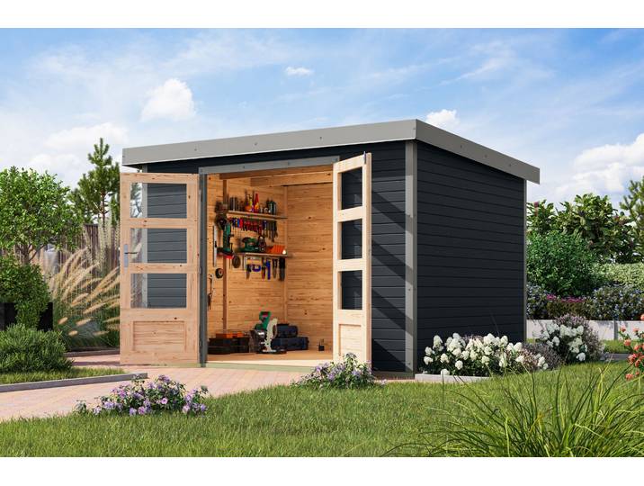 Gartenhaus KARIBU Jupiterino 5, in verschiedenen Farben , anthrazit, graualuminium, ohne Fußboden, Blechdach, Massivholz, Gartenhäuser, Gartenhaus