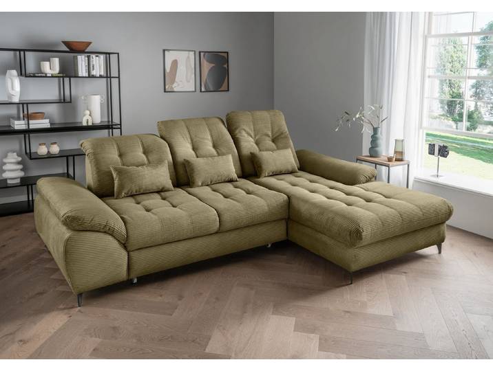 freiraum Polsterecke Devland, Schlaffunktion, Kopfteilverstellung, Cord olive - 273x105x189cm BxHxT