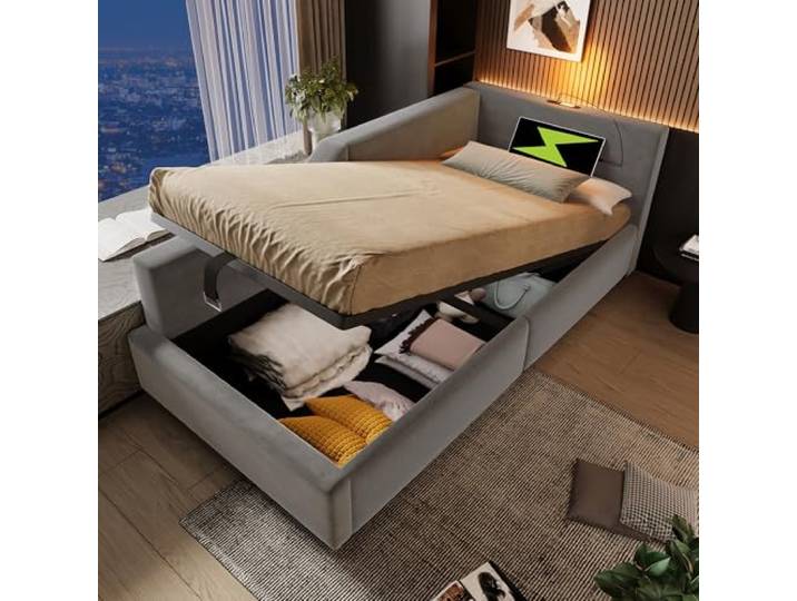 Merax Polsterbett Schlafsofa 90x190cm, Tagesbett Daybett mit Hydraulisch Stauraum, Funktionsbett mit Leselicht & Ladefunktion, Einzelbett Bettgestell mit Lattenrost, Gästebett Jugendbett, Samt, Grau