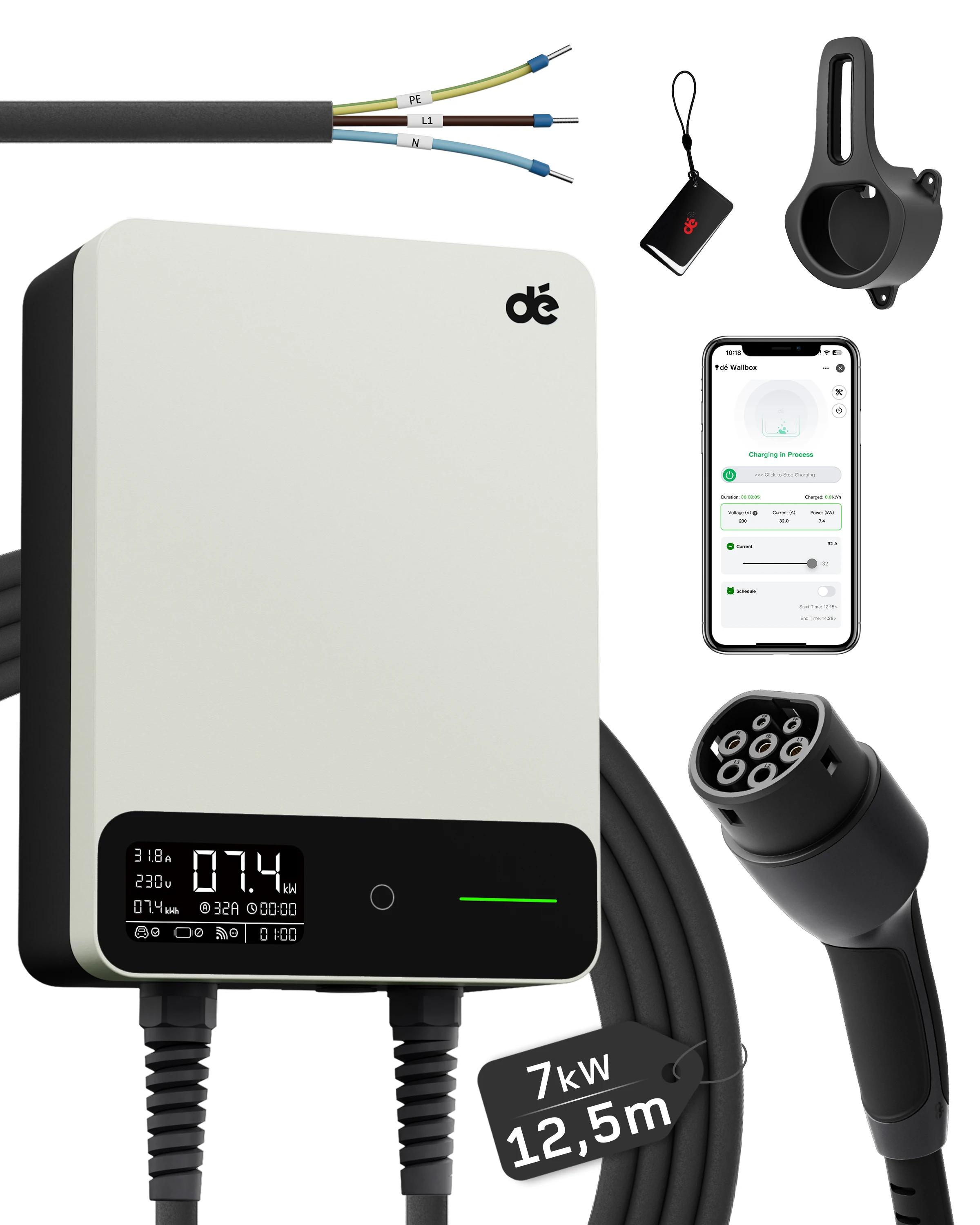 Elektroauto-Ladestation - Wallbox Typ 2 - Max. 7,4 kW - 32 A einphasig - WLAN-App - RFID-Karte - 12,5 m Kabel - IP66 weiß