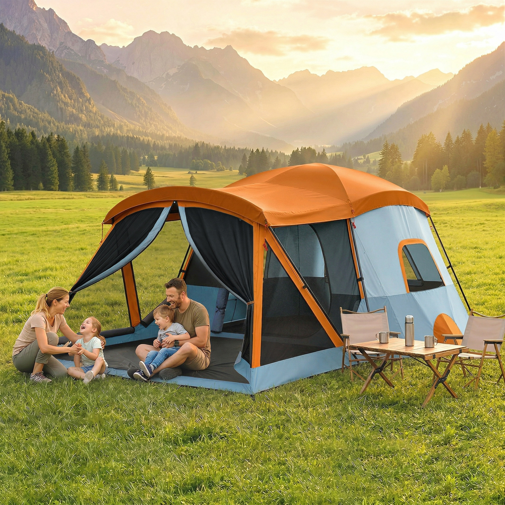 Outsunny Tenda a Tunnel per 4 Persone, Tenda Familiare con Area Notte e Soggiorno, Lucernari e Telo per il Pavimento, 3000 mm di Colonna d'Acqua, Arancione e Blu   Aosom Italy