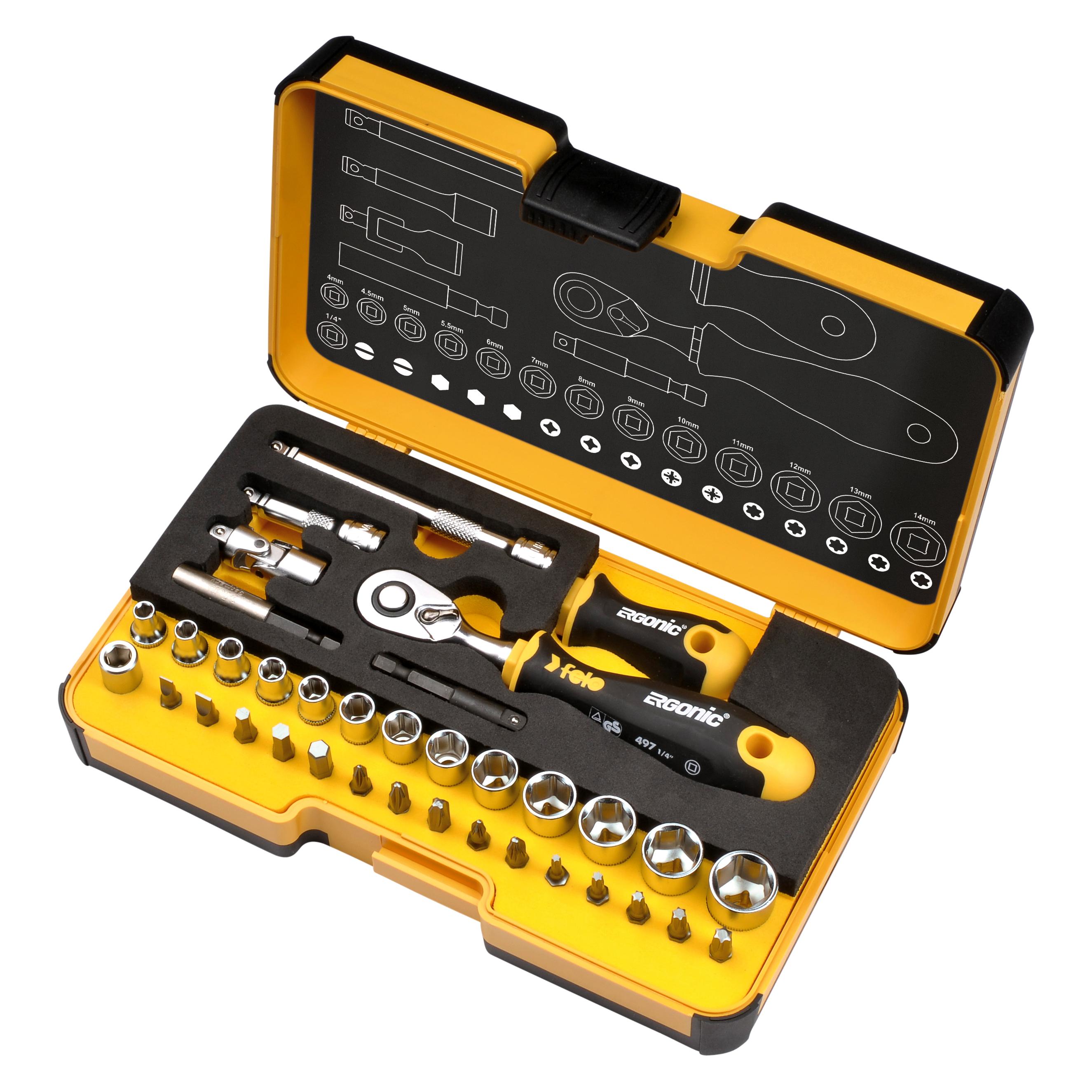 Felo R-GO XL Inch - Werkzeugsatz mit ERGONIC Ratsche, Zubehör in XL-Strongbox 36-tlg (36 Teile) (05783616)