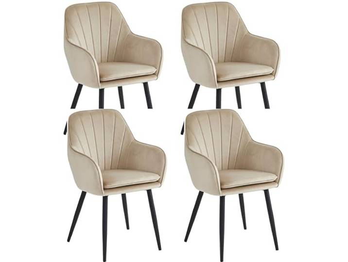 Colenis Esszimmerstuhl Set 4er Komfort Sessel mit Armlehne aus Samt in Beige, Schwarze Metallbeine – Moderne Stühle für Esstisch, Küche und Wohnzimmer, Melissa