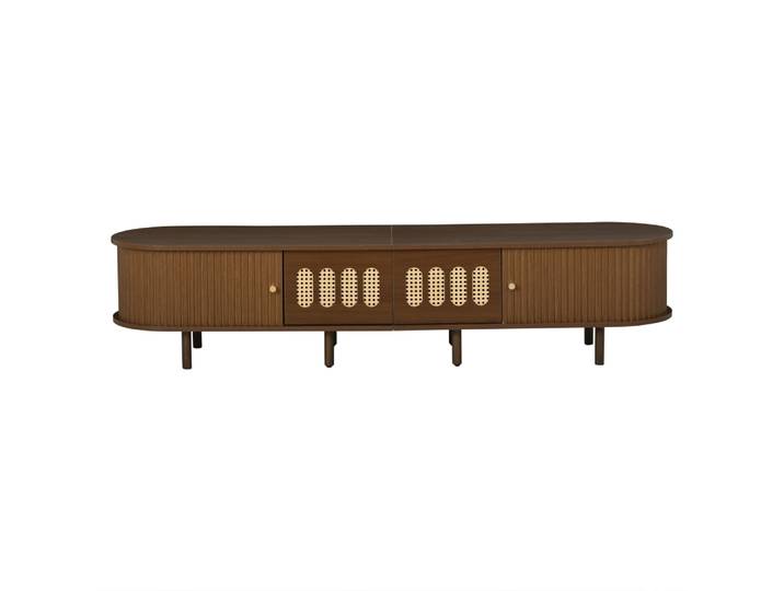 Meuble tv ovale 180 cm avec tiroirs en rotin décor noyer