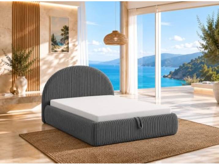 Best For Home Tedi Bett 160x200 mit Bonell-Federkernmatratze, ohne Topper Modernes Polsterbett mit weichem Cordbezug, gerundetem Kopfteil, integriertem Bettkasten und Bonell-Federkernmatratze.