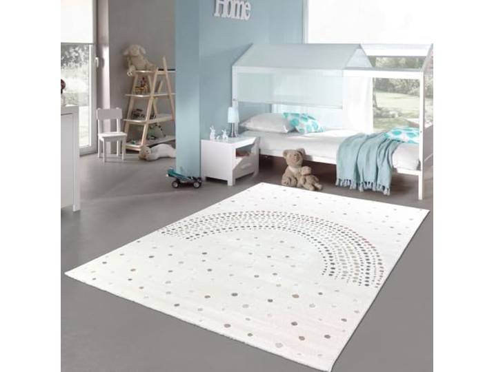 Teppich-Traum Kinderteppich Regenbogenmotiv Creme Bunt 240x340 cm Bunte Bögen, Sterne, 3D-Hoch-Tief-Effekt, weicher Flor, pflegeleicht, strapazierfähig, OEKO-TEX, Kinderzimmer, Babyzimmer