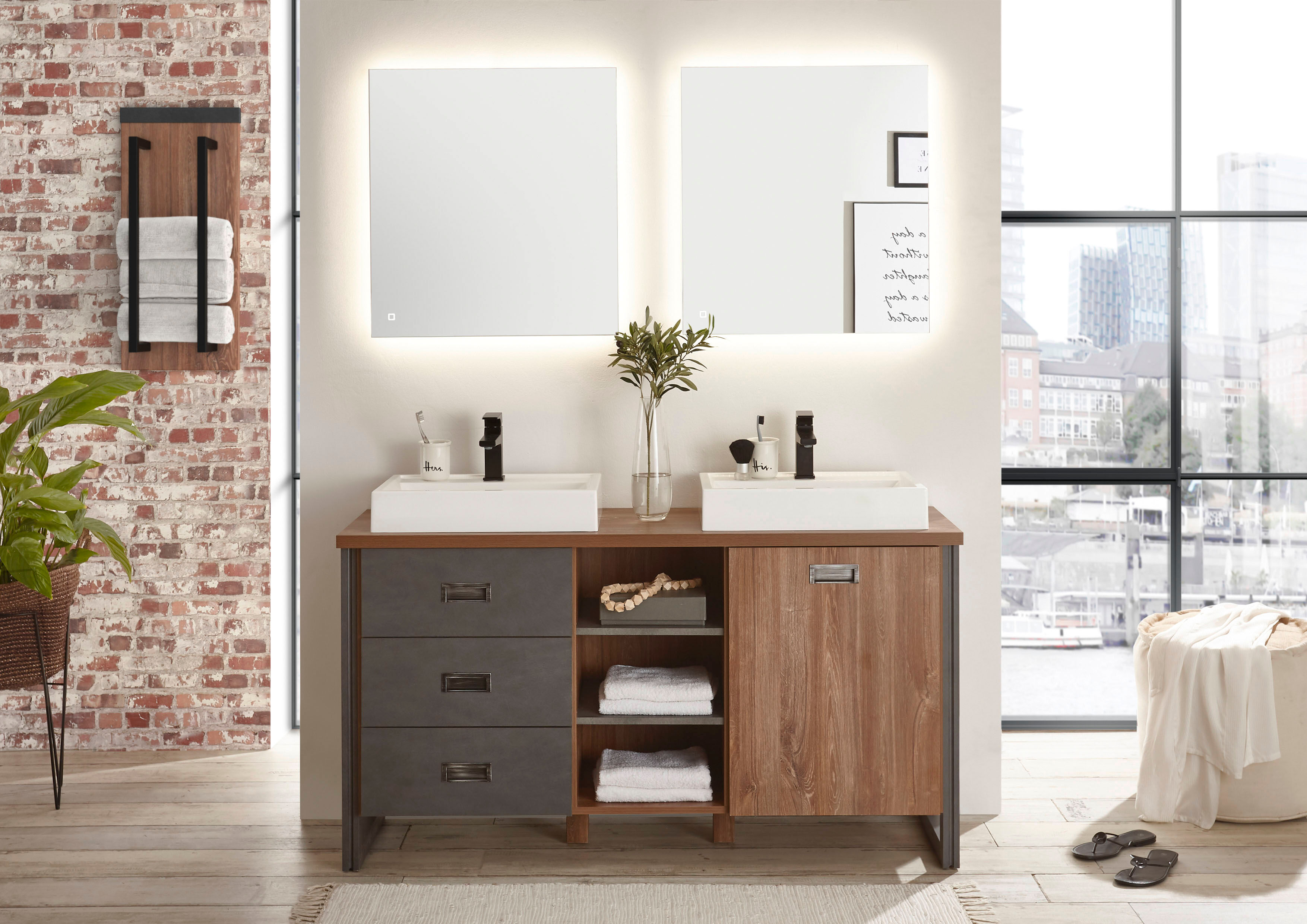 Badmöbel-Set HOME AFFAIRE "Detroit, Bad im Industrialdesign, inkl. LED, 2-teiliges Badezimmer", gelb (eiche honigfarben dekor, schiefer, nachbildung), B:138cm, Kastenmöbel-Sets, Badmöbel-Set, Waschtisch und Spiegel, inkl. zwei Aufsatzwaschbecken aus Miner