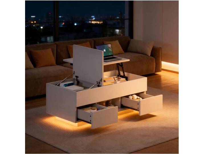 Table Basse Relevable Blanche Brillante Table De Salon LED FloraGrace Pour Salon 2 Tiroirs Et Rangement Cache 100x45x43cm