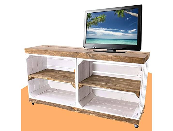 Moooble TV Bank weiß, auf Rollen braune Deckplatte & Regalböden, aus Holz, 4 Fächer 100x30x50 cm moderner TV Schrank, Sideboard