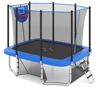 Costway Rectangle Outdoor Trampoline 10 x 8 FT Heavy-Duty Trampoline with Basketball Hoop-Blue
