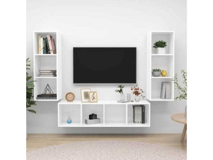 HEFZGDB 3-TLG. TV-Schrank-Set Weiß Holzwerkstoff Wandmontage mit viel Stauraum für Organisation und Aufbewahrung, praktische Ergänzung für Ihr Zuhause, einfach zu reinigen