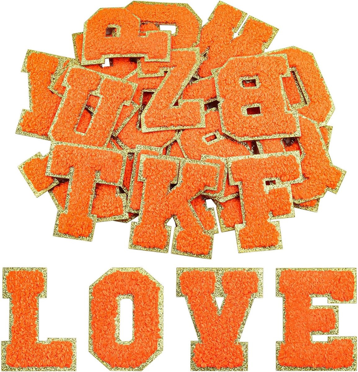 Chenille Letter Patches - 26 stuks - Oranje met goudrand - Strijk applicaties voor het personaliseren van kleding