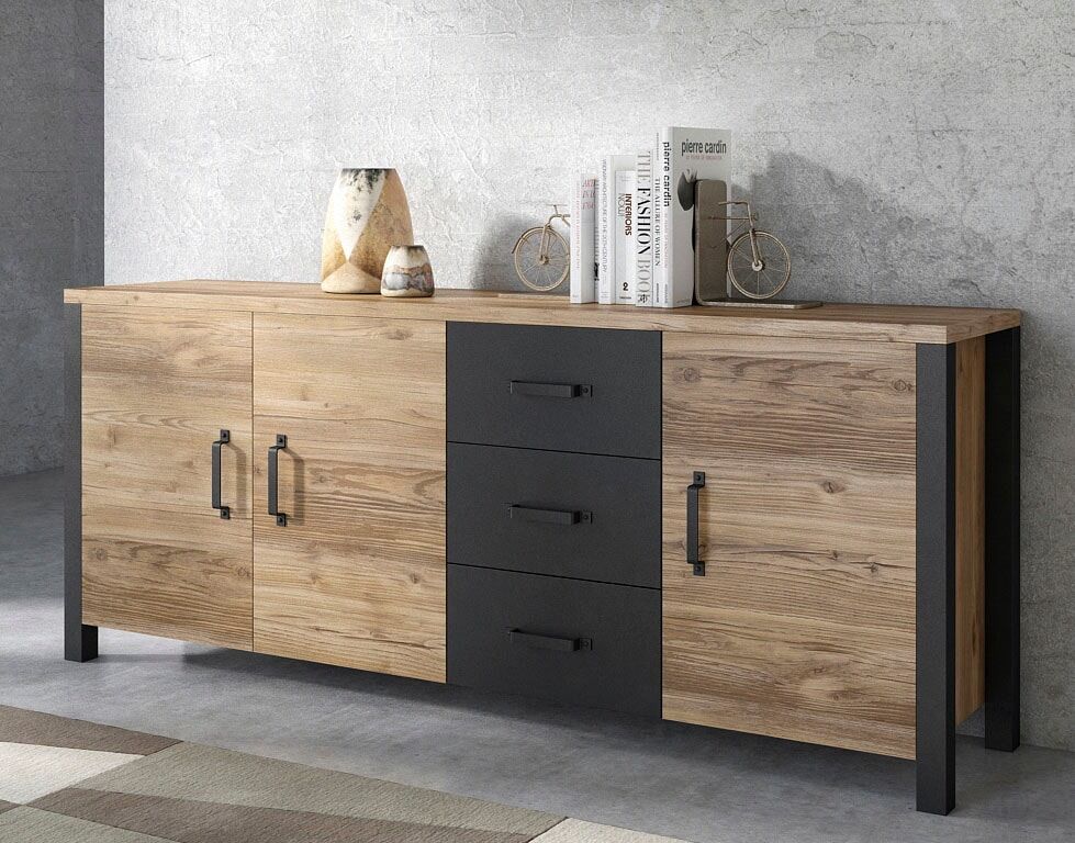 Sideboard HOME AFFAIRE "Olin WM", schwarz (appenzeller fichte, schwarz matt), B:192cm H:79cm T:43cm, Sideboards, Sideboard, Breite 192 cm appenzeller fichte, schwarz matt B/H/T: 192cm x 79cm x 43cm, 3 Stk., 3 Stk.