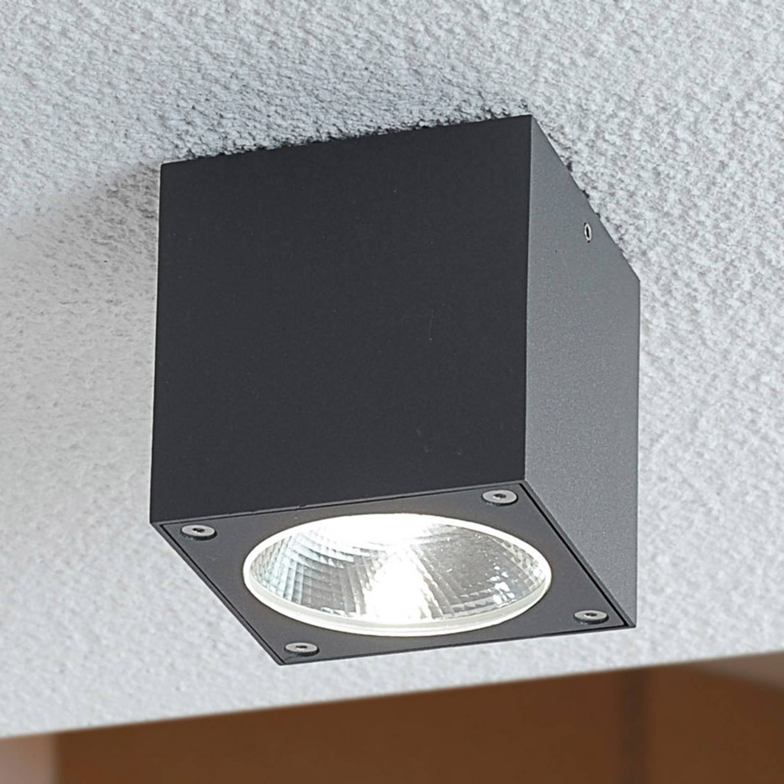 Lucande Cordy Modern LED Buitenplafondlamp - Zwart/Grijs - Aluminium - Cubusvorm