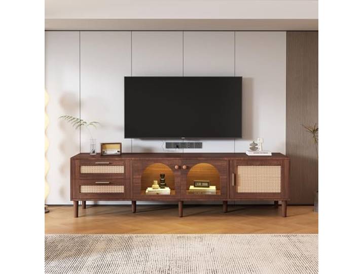 Ball & Cast TV Schrank (180×40×50cm) mit 2 Gewölbten Glastüren und 1 Rattan-Tür, Fernseher Tisch mit Lichtstreifen, Bequeme Montage, Braun