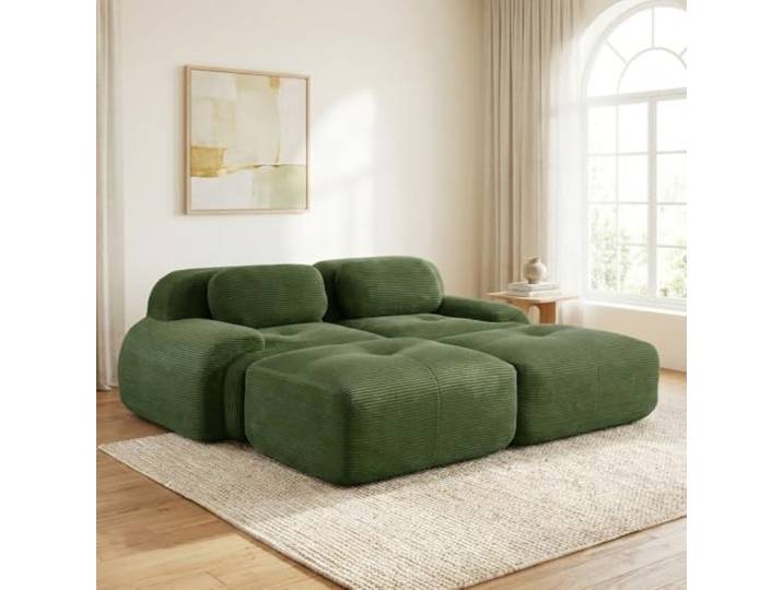 SoarTalent Bodensofa mit Schlaffunktion, 208cm 2-Sitzer, 2 Ottomanen, Grün Cordstoff modular, 2-Sitzer, 2 Ottomanen, vakuumverpackt ohne Montage, für Wohnzimmer/Schlafzimmer, Grün