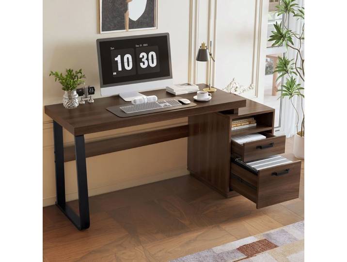 Bureau Informatique Adulte avec Tiroir et Rangement Bureau Industriel Bois MDF et Acier Bureau Home Office 135x54 cm