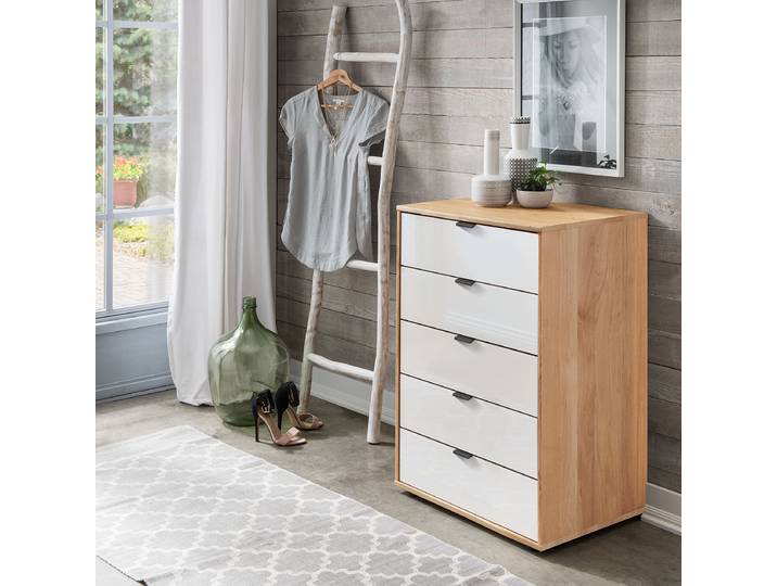 Commode avec 5 tiroirs 60cm Blanc/Marron/Blanc Aulne