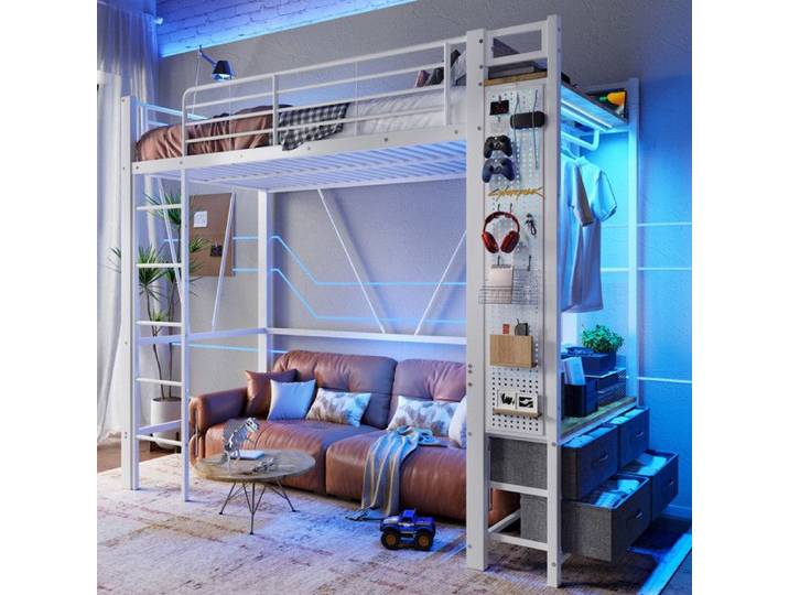 Lit Mezzanine 90x200 - LED Multicolore - USB-C - Prise Intégrée - Porte-Vêtements Pratique