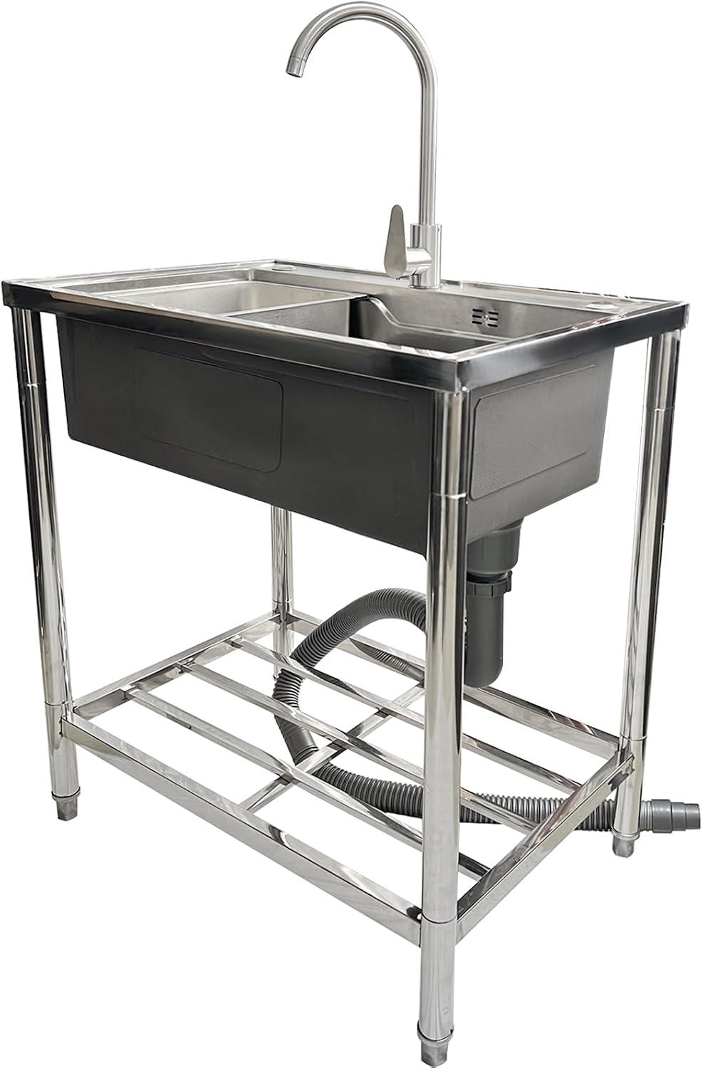 Freistehende Küchenspüle mit Kalt- und Warmwasserarmaturen aus Edelstahl, inklusive Aufbewahrungsregal für Waschküche und Badezimmer