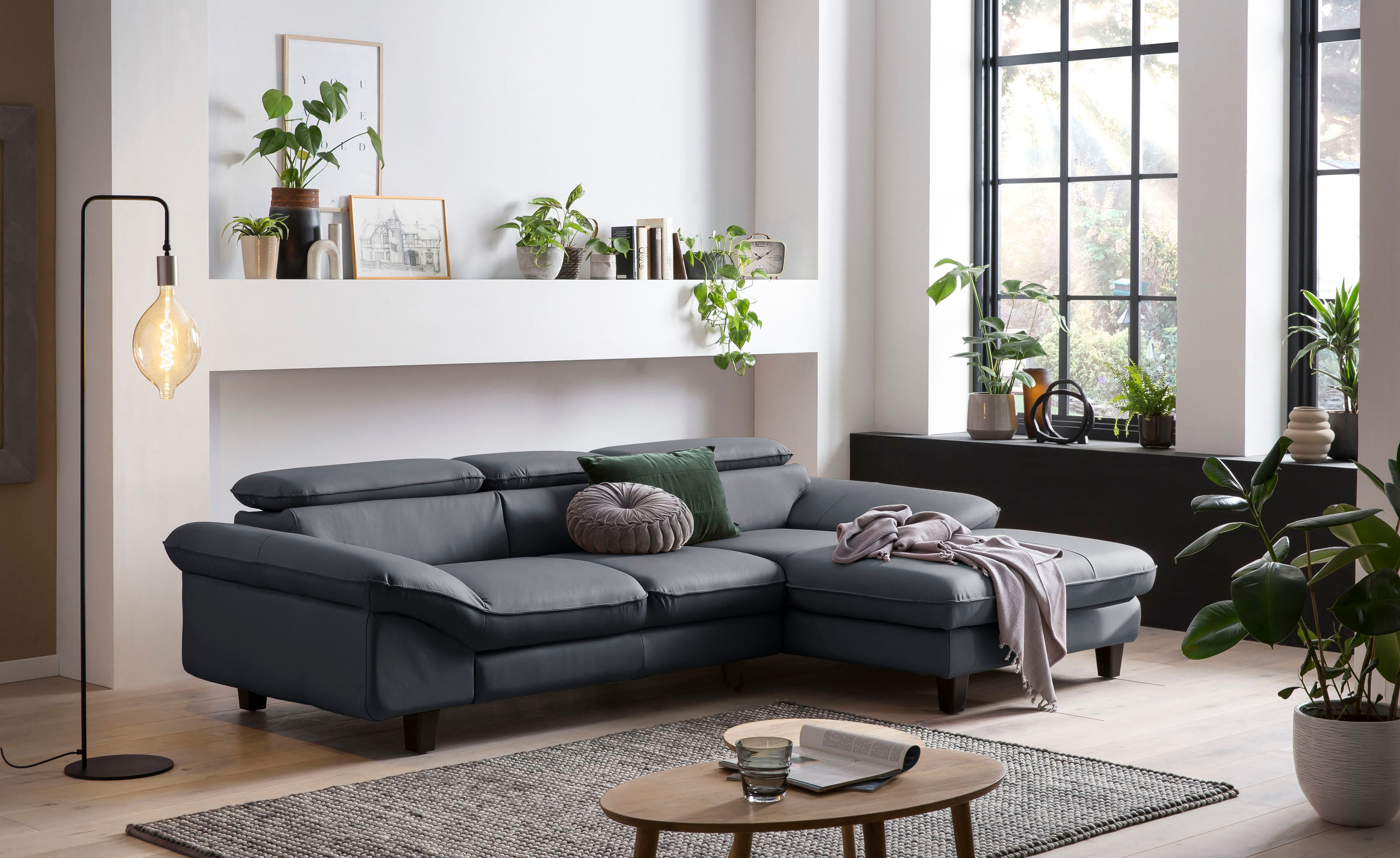 Ecksofa HOME AFFAIRE "Pilot L-Form", grau (fango), B:268cm H:73cm T:108cm, 100% Polyester, Feinstruktur 75000 Scheuertouren, Struktur 35000 Scheuertouren, Microfaser 40000, Sofas, Ecksofa, mit Kopfteilverstellung, wahlweise mit Schlaffunktion & Bettkasten
