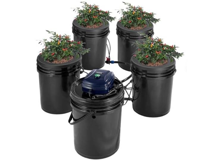 VEVOR Système de Culture Hydroponique RDWC\, Kit Goutte à Goutte Supérieur\, Culture en Eau Profonde à Recirculation 20 L 4 Seaux\, avec Pompe à Air\, Dispositif de Niveau d'eau\, pour Légumes à Feuilles
