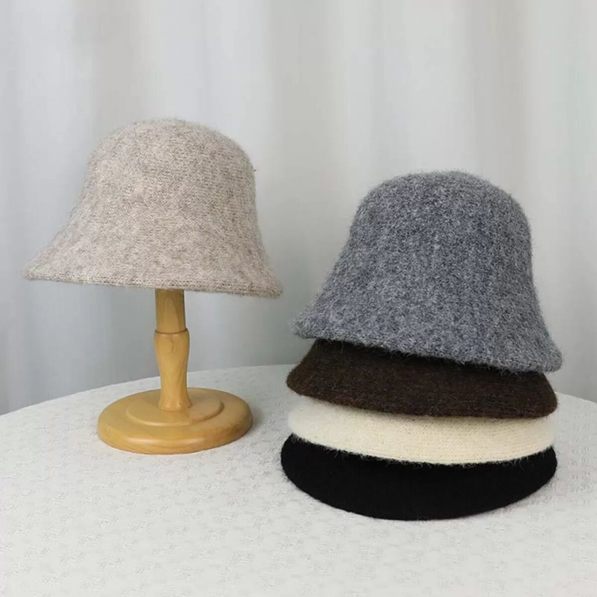 INF Bob en Laine Mélangée Couleur Unie - Chapeau de Pêcheur Coupe-Vent, Chaud et Élégant Beige