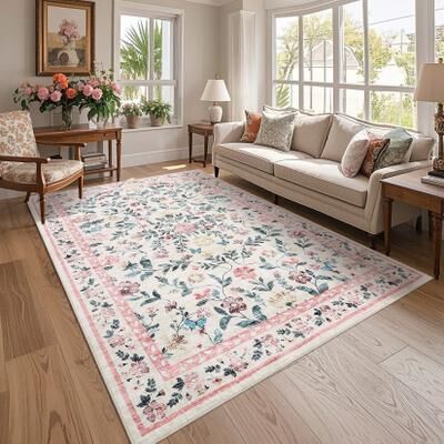 Garvee Farmhouse Distressed Floral Vine Area Rug
