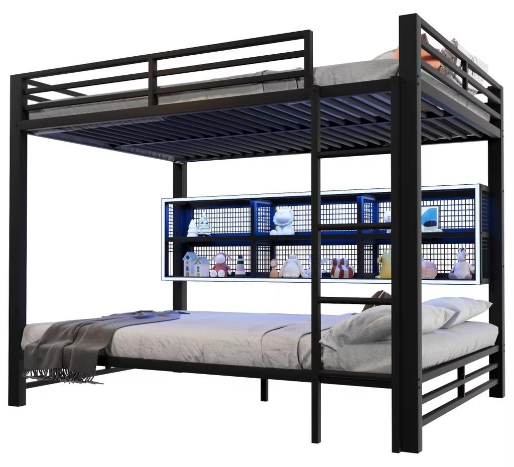 Etagenbett - 140 x 200 cm - Aufbewahrungsschränke - LED-Beleuchtung - Metall - Schwarz - Ohne Matratze