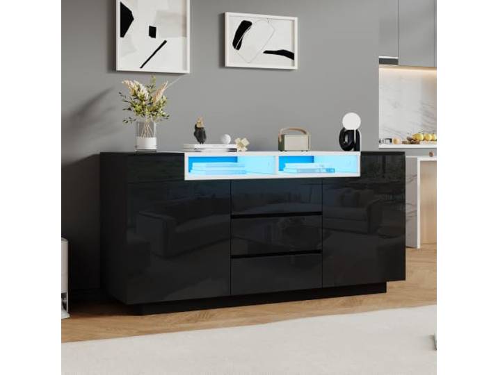 Merax Sideboard Hochglanz Schwarz mit LED, Kommode mit 2 Türen, 3 Schubladen, Buffetschrank Mehrzweckschrank mit Verstellbare Regalböden, Beistellschrank Flurschrank für Wohnzimmer, Esszimmer, 140cm