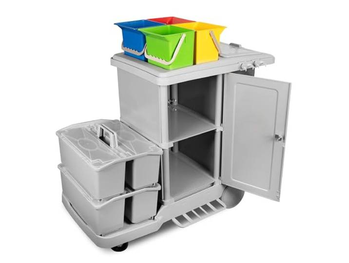 G.I.V. Stabiler Reinigungswagen & Materialwagen mit Moppboxen + abschließbarem Schrank - Systemwagen mit Dauerabfallsack, leise Räder, 4-Farbsystem Eimer je 6L - für Gebäudereinigung & mehr