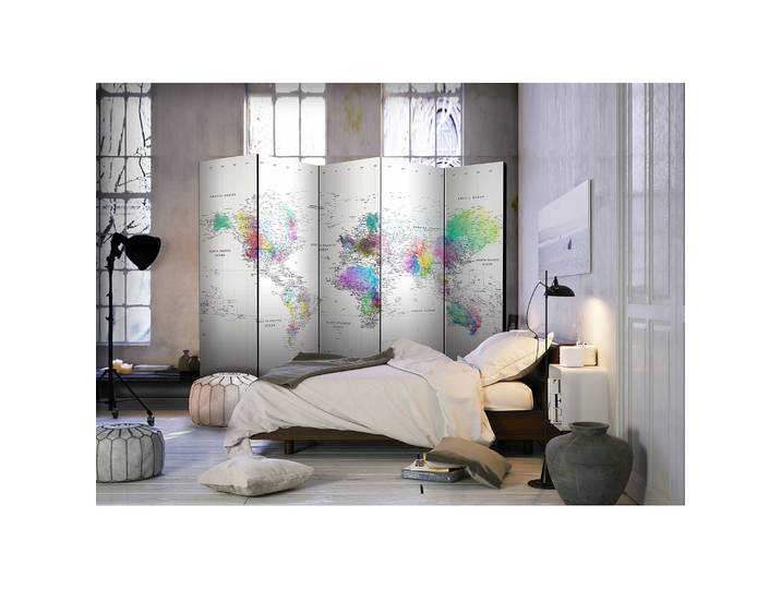 Paravent White-Colorful World Map Fleece Multicolor 225 x 172 x 3cm