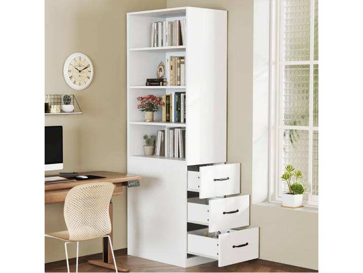 ULEVR Bibliothèque haute ultra-fine blanche 180 cm 60 x 38 cm 3 tiroirs latéraux étagères réglables